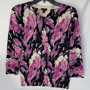 Talbots Women's Pink Black Floral 3/4 Sleeve Light Button Up Cardigan Size S
